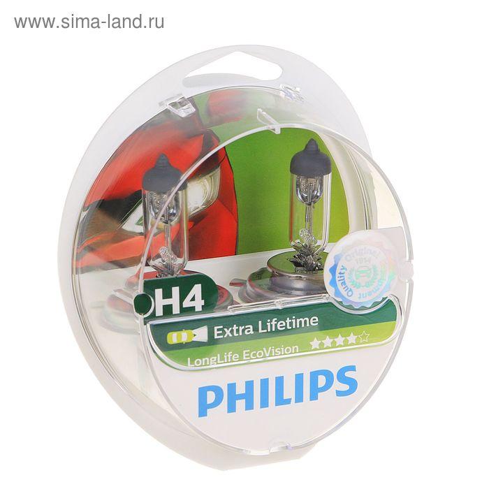 Лампа автомобильная Philips LongLife EcoVision, H4, 12 В, 60/55 Вт, набор 2 шт