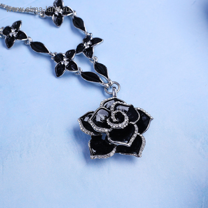 Кулон на декоративной основе "Цветок" роза, цвет чёрный в серебре, 45 см