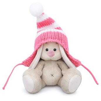 Мягкая игрушка "Зайка Ми"  в полосатой розовой шапке (малыш) 15см