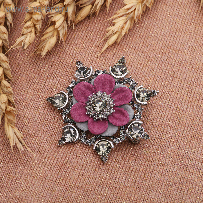 Брошь "Цветок" хризантема, цвет серо-розовый в серебре