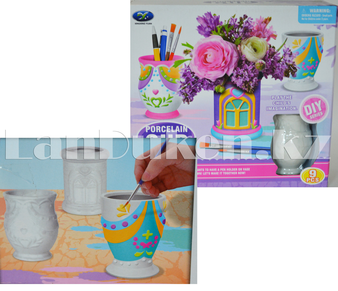 Набор для творчества Роспись керамики вазы с палитрой красок (12 цветов, 3 вазы, кисточки и палитра) - фото 1 - id-p63471122