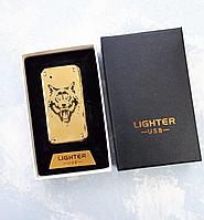 USB зажигалка LIGHTER с волком в подарочной коробке, золотистая., фото 1