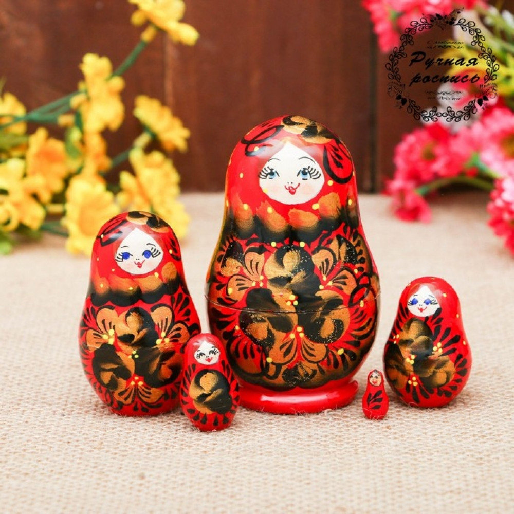 Матрёшка «Хохлома», красное платье, 5 кукольная, 10 см - фото 1 - id-p63491222