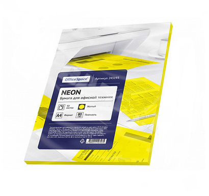 Бумага цветная OfficeSpace Neon, А4, 80 г/кв.м., 50 л., желтая