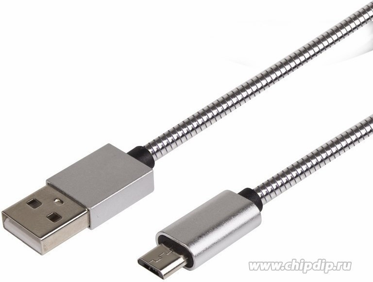 18-4241, USB кабель microUSB, шнур в металлической оплетке серебристый